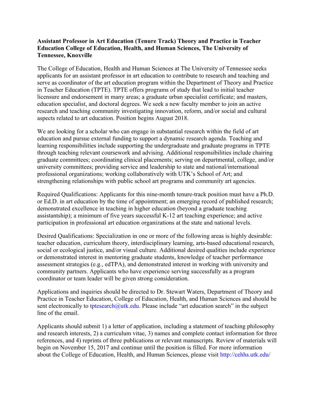 Assistant Professor in Art Education (Tenure Track) Theory and Practice in Teacher Education