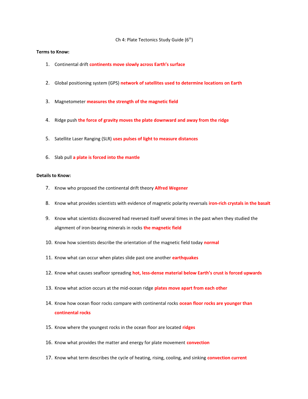 Ch 4: Plate Tectonics Study Guide (6Th)