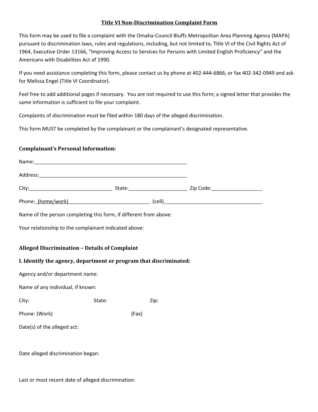 Title VI Non-Discrimination Complaint Form