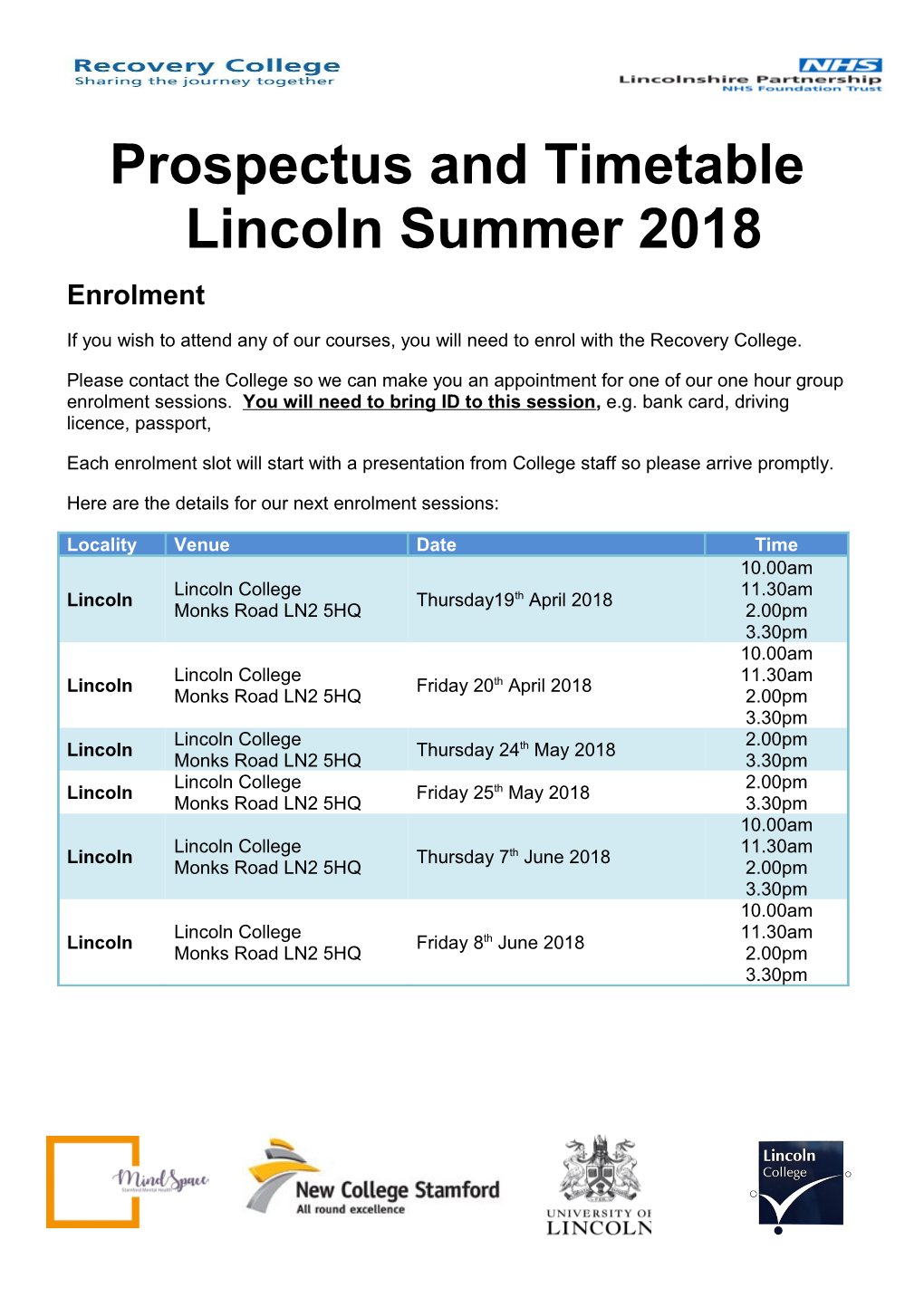 Prospectus and Timetable Lincoln Summer 2018