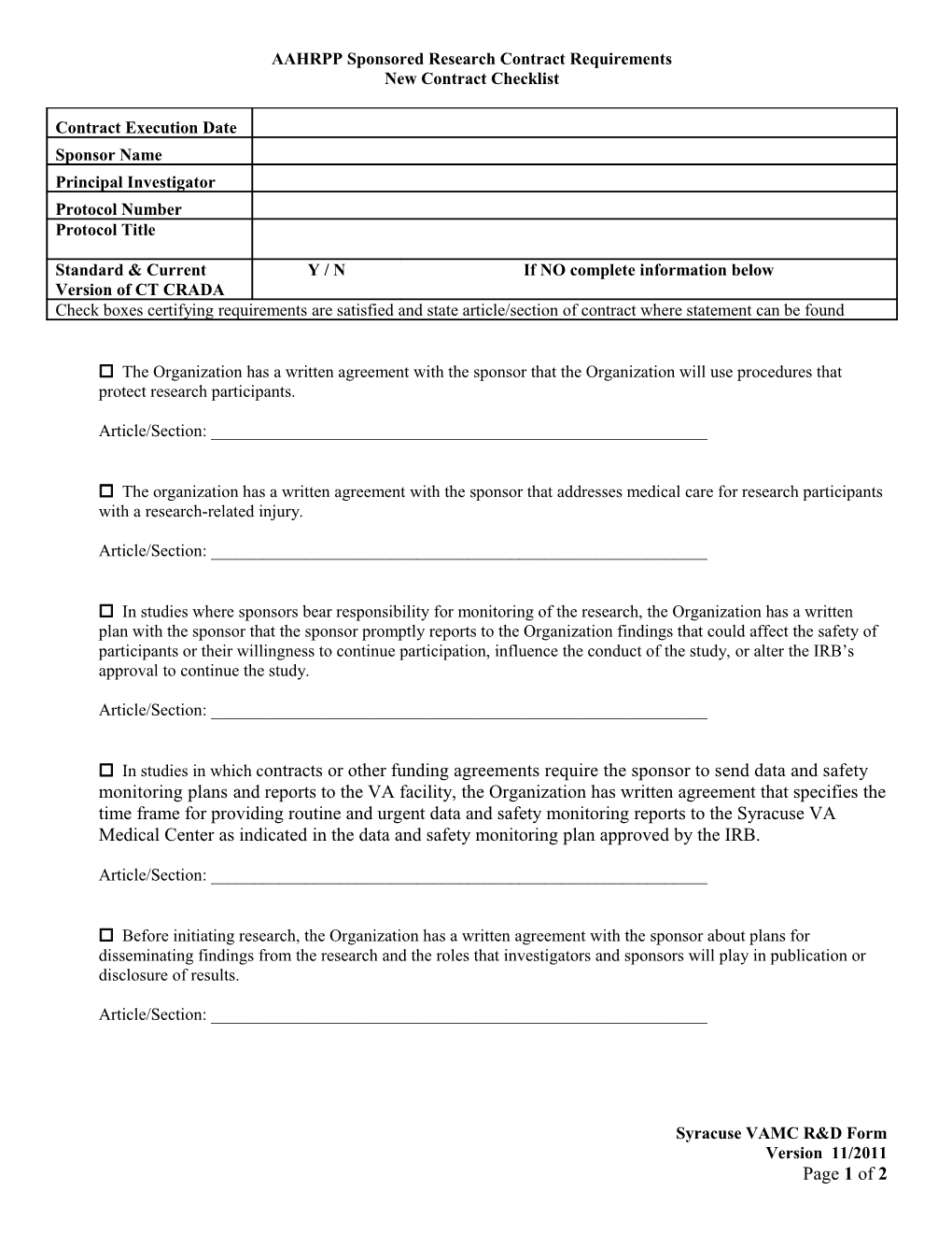 AAHRPP Sponsored Research Contract Requirements