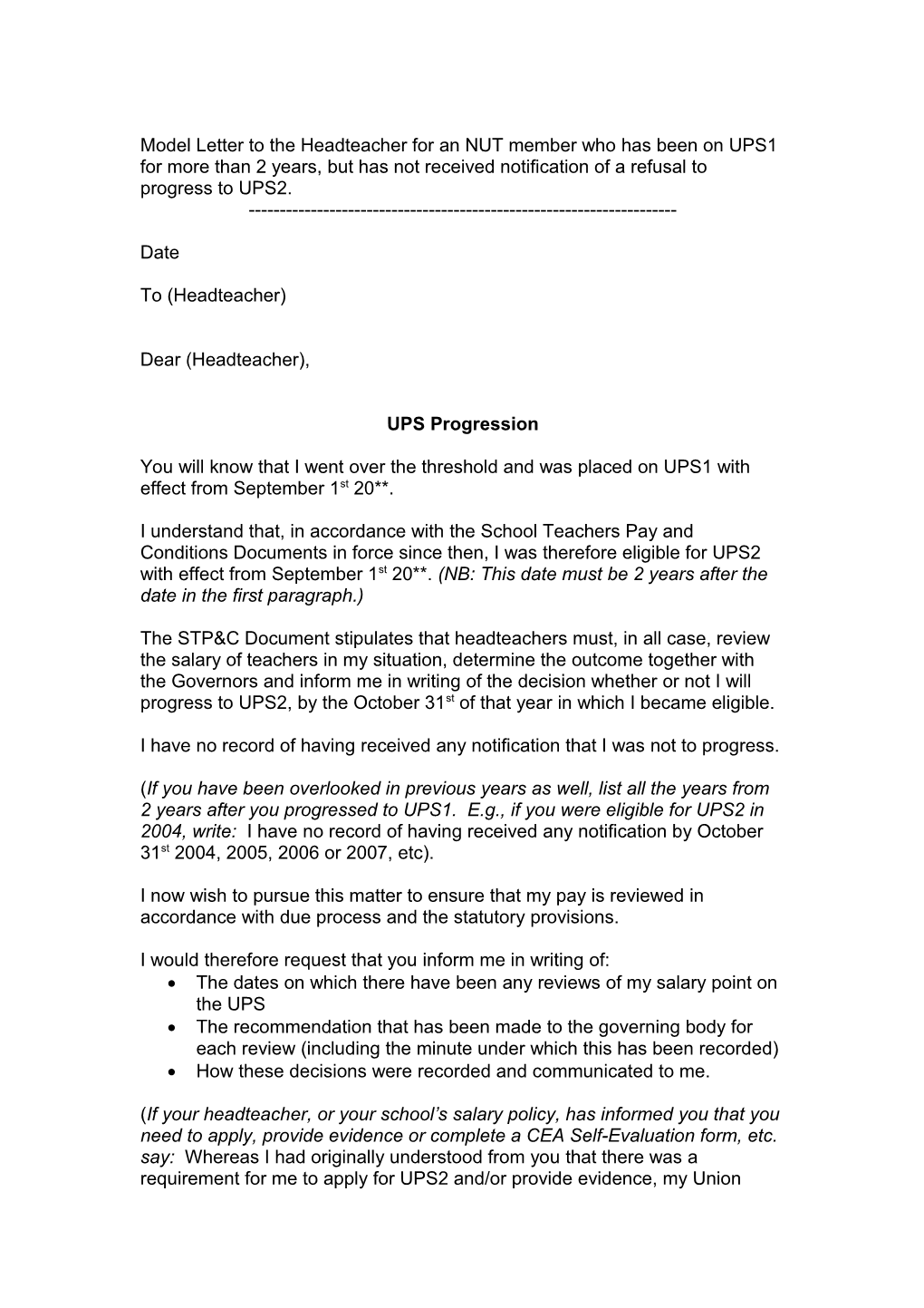 Letter to the Headteacher for an NUT Member Who Has Been on UPS1 for More Than 2 Years