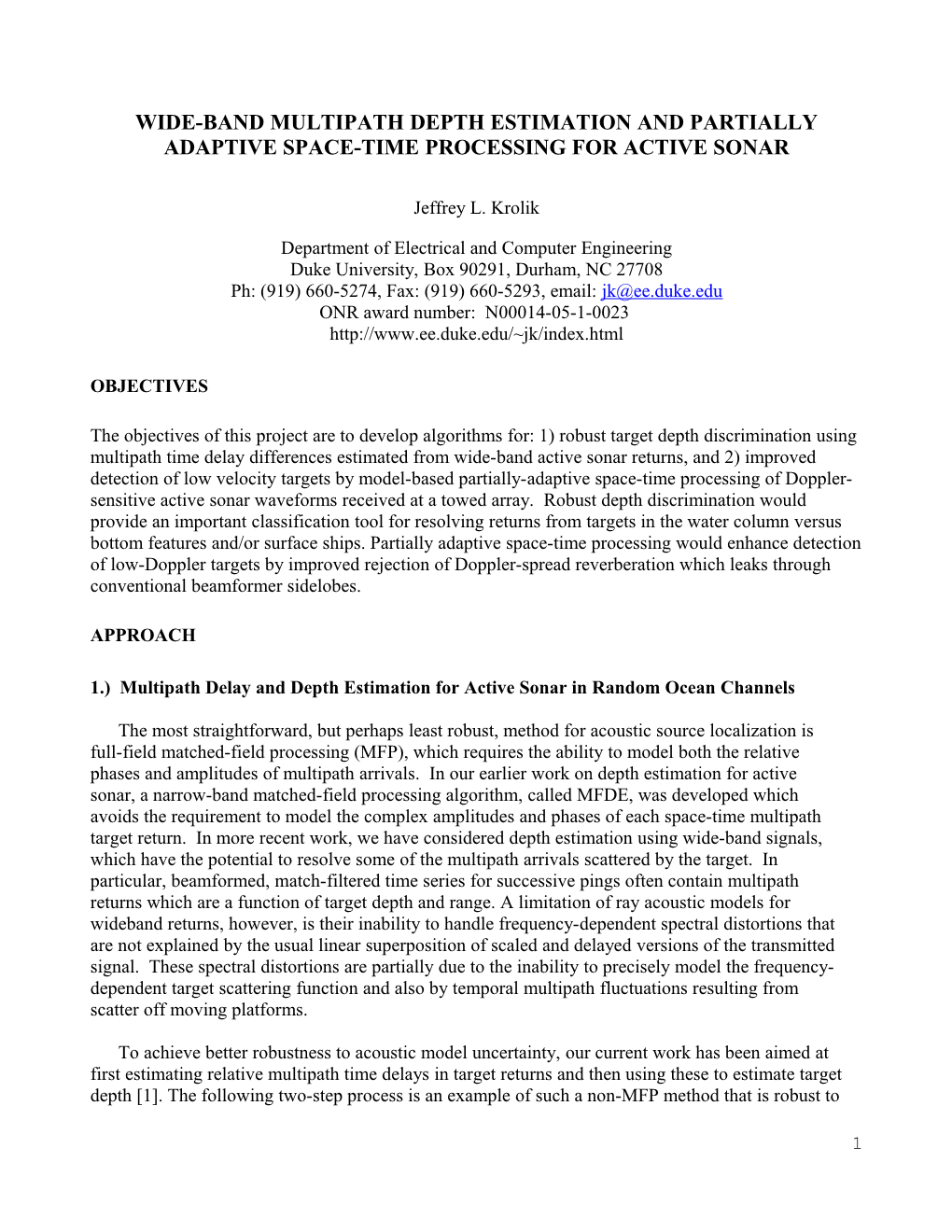 Wide-Band Multipath Depth Estimation and Partially Adaptive Space-Time Processing for Active