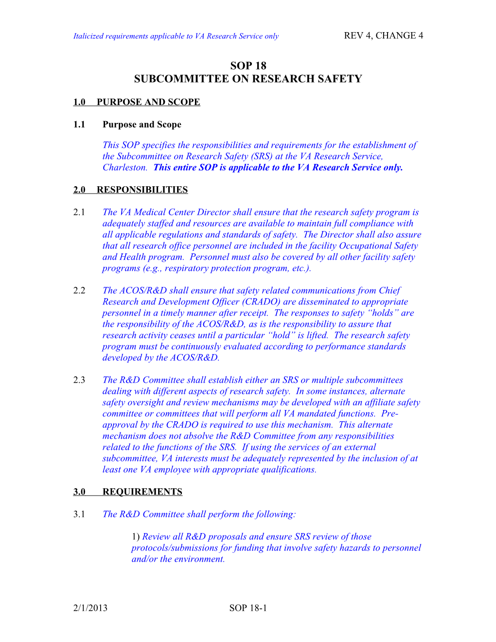 Italicized Requirements Applicable to VA Research Service Only REV 4, CHANGE 4