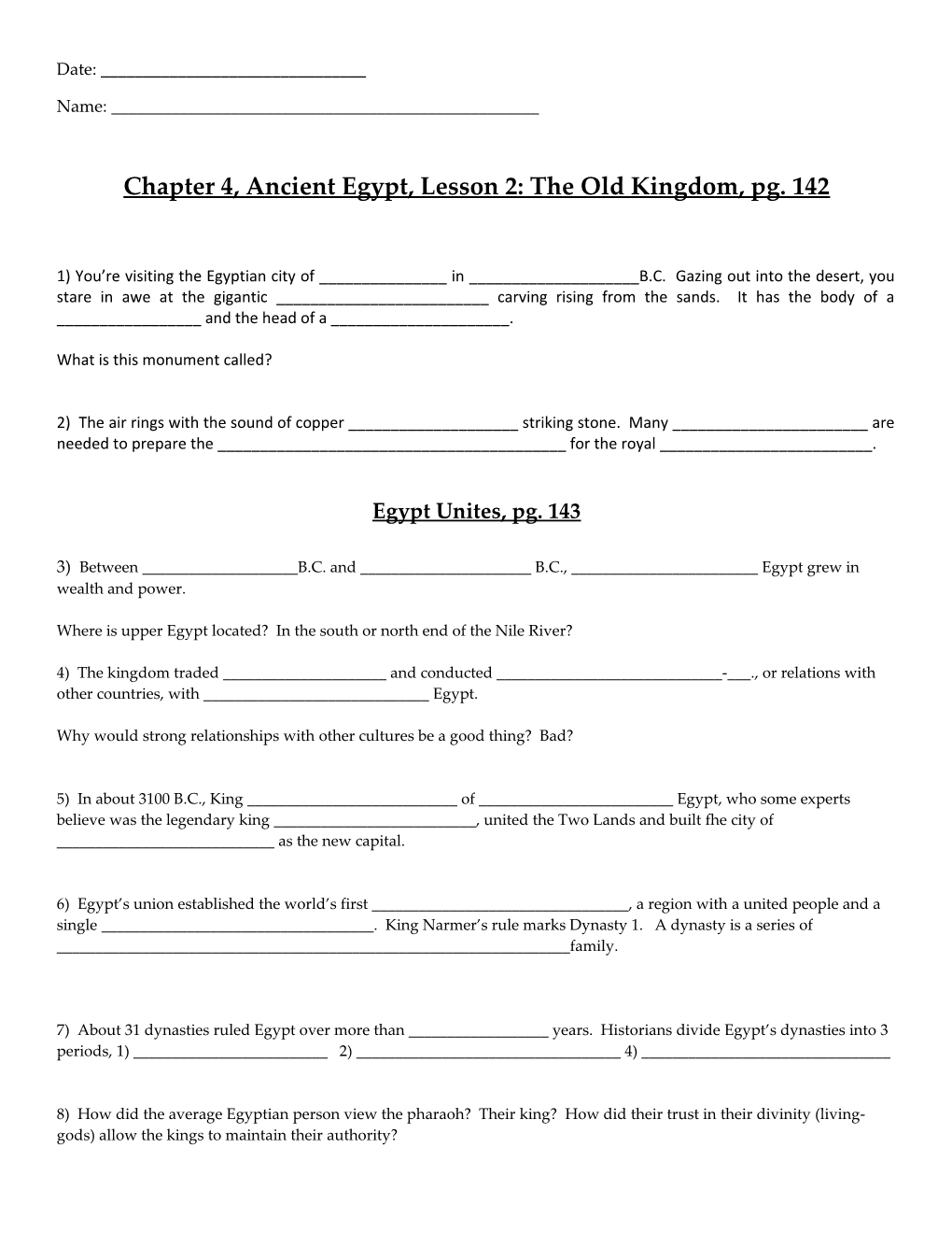 Chapter 4, Ancient Egypt, Lesson 2: the Old Kingdom, Pg. 142