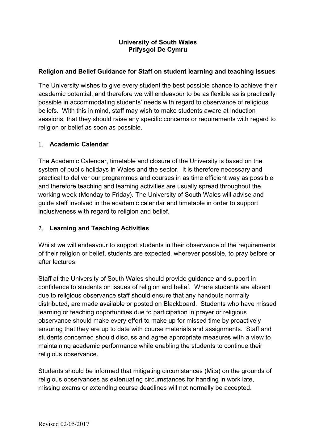 Religion and Belief Guidance for Staff on Student Learning and Teaching Issues