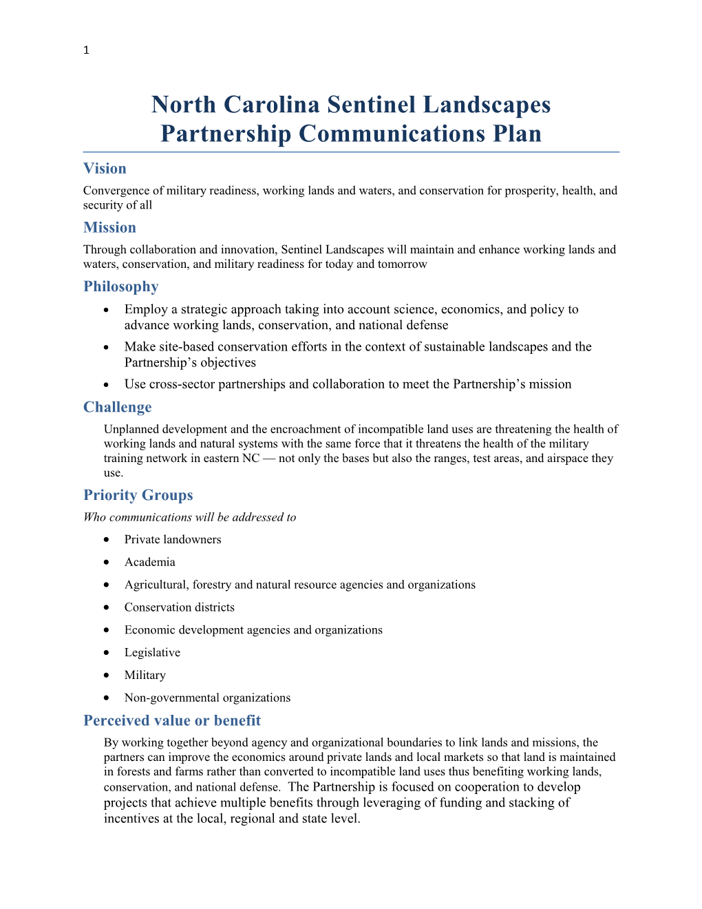 North Carolina Sentinel Landscapes Partnershipcommunications Plan