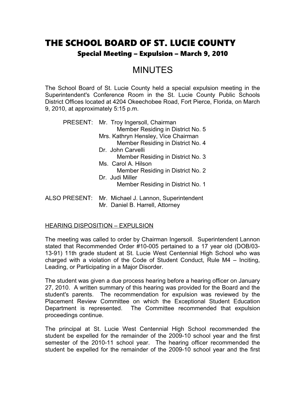 03-09-10 SLCSB Special (Expulsion) Meeting Minutes