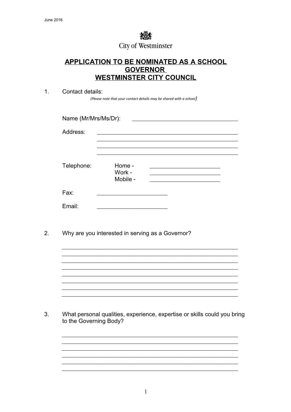 Application to Be Appointed a School Governor by the Royal Borough of Kensington and Chelsea