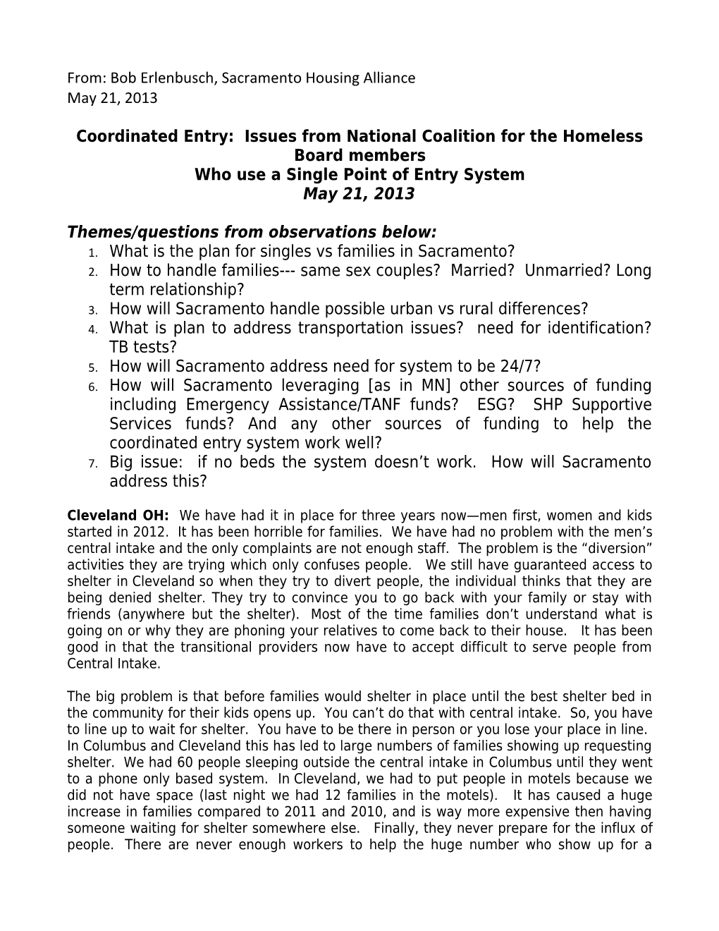 Coordinated Entry: Issues from National Coalition for the Homeless Board Members