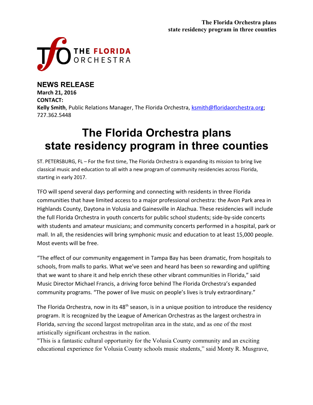 The Florida Orchestra Plans