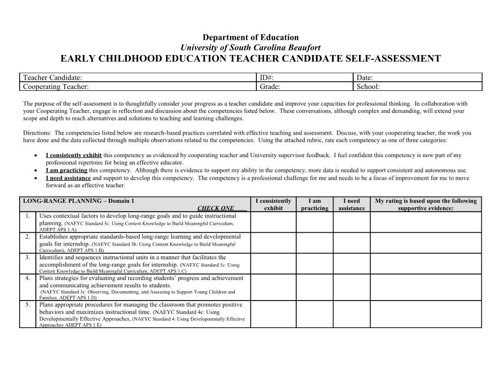 Early Childhood Education Teacher Candidate Self-Assessment