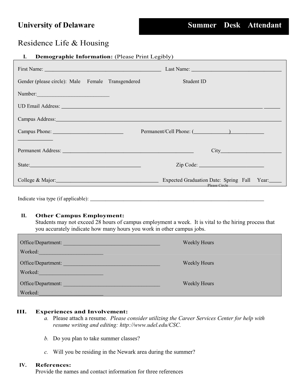 University of Delaware Summer Desk Attendant Application