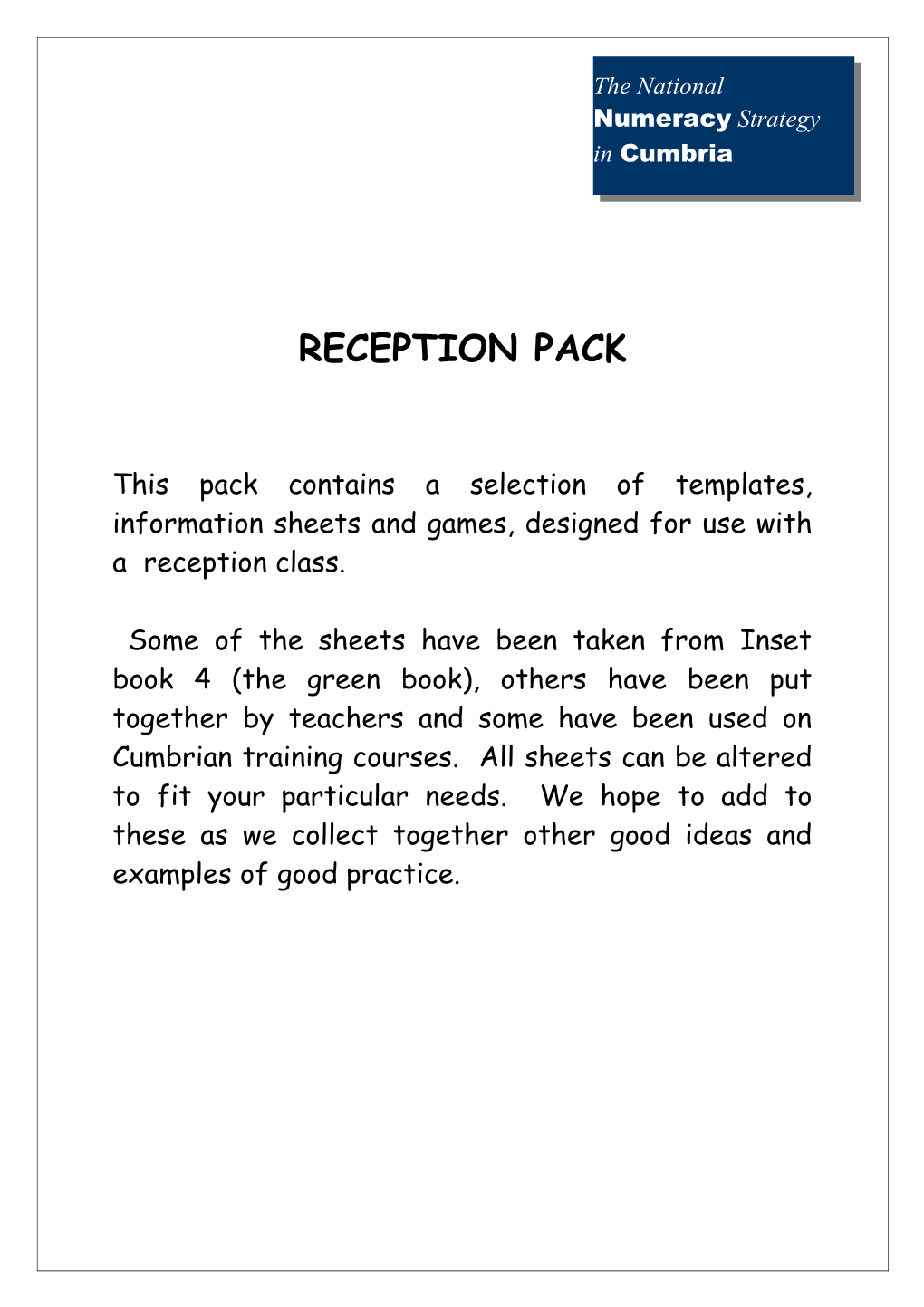 Reception Pack - Contents Page
