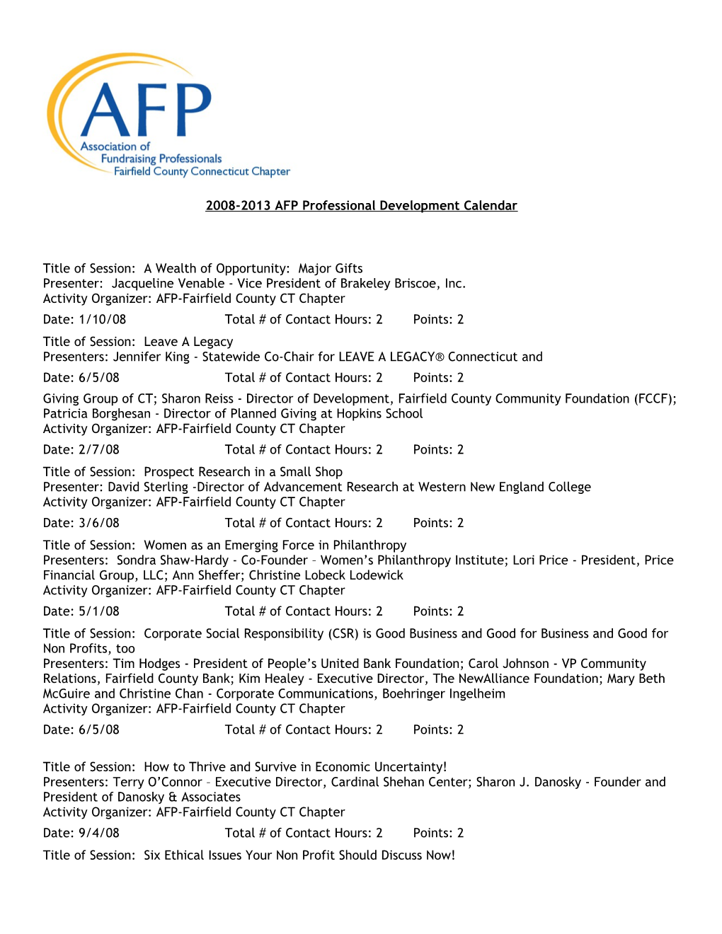 2008-2013 AFP Professional Development Calendar