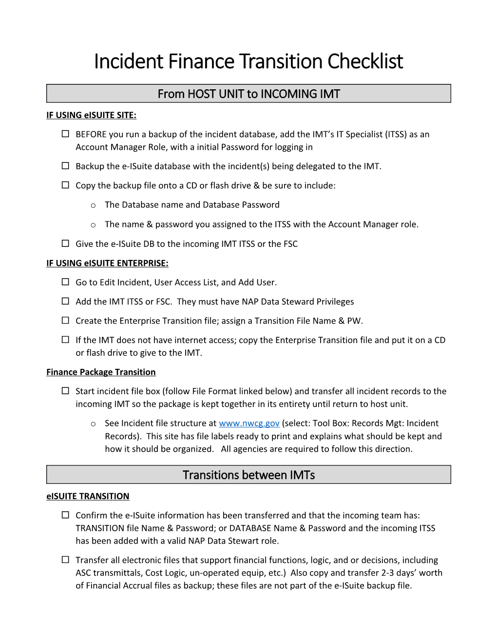 NR Incident Finance Transition Checklist