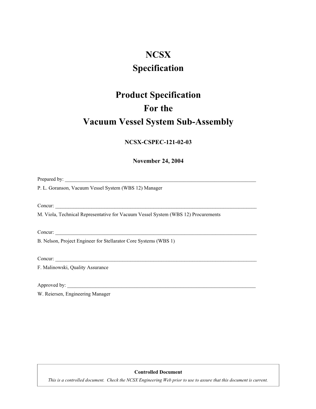 Vacuum Vessel Sub-Assembly Product Specificationncsx CSPEC-121-02-03