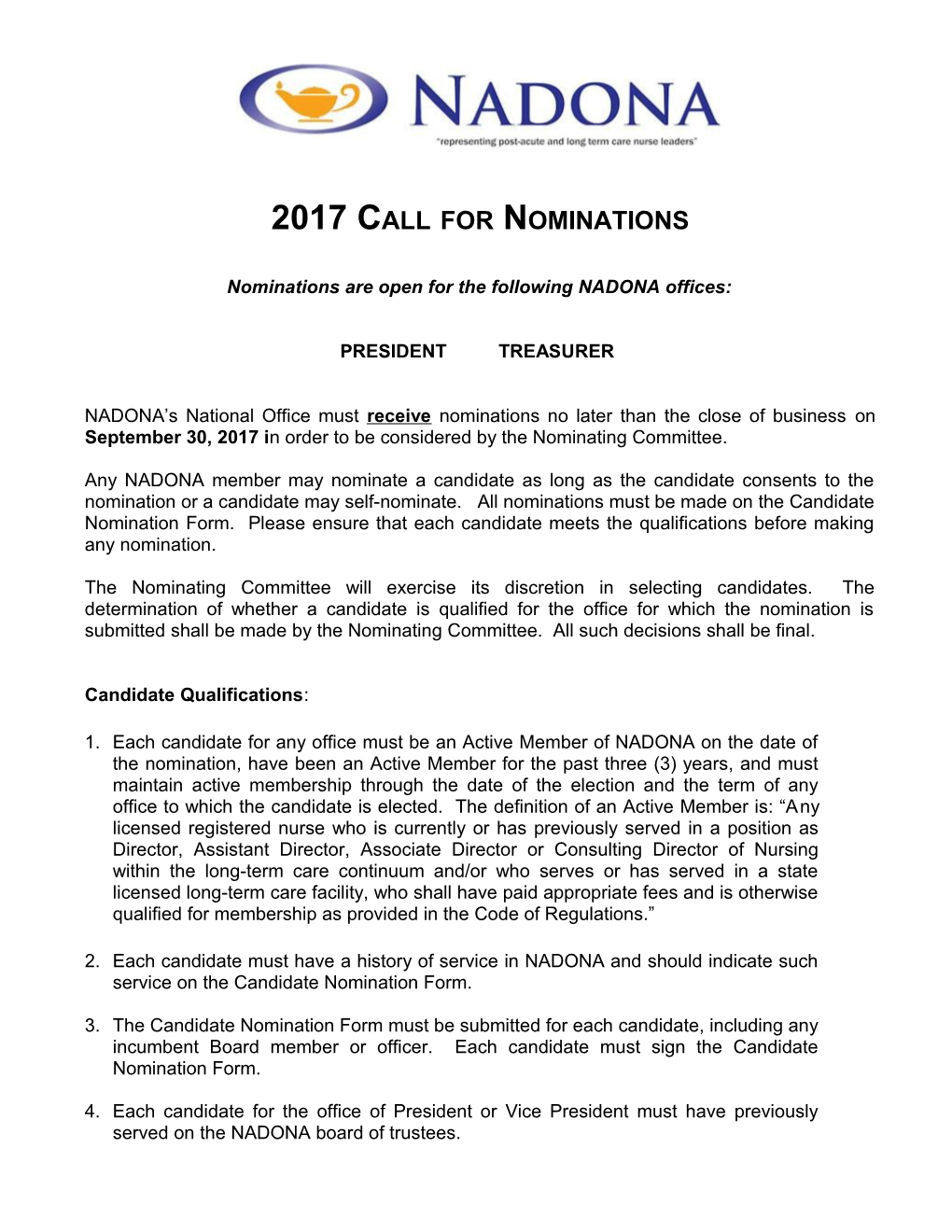 Nominations Are Open for the Following NADONA Offices