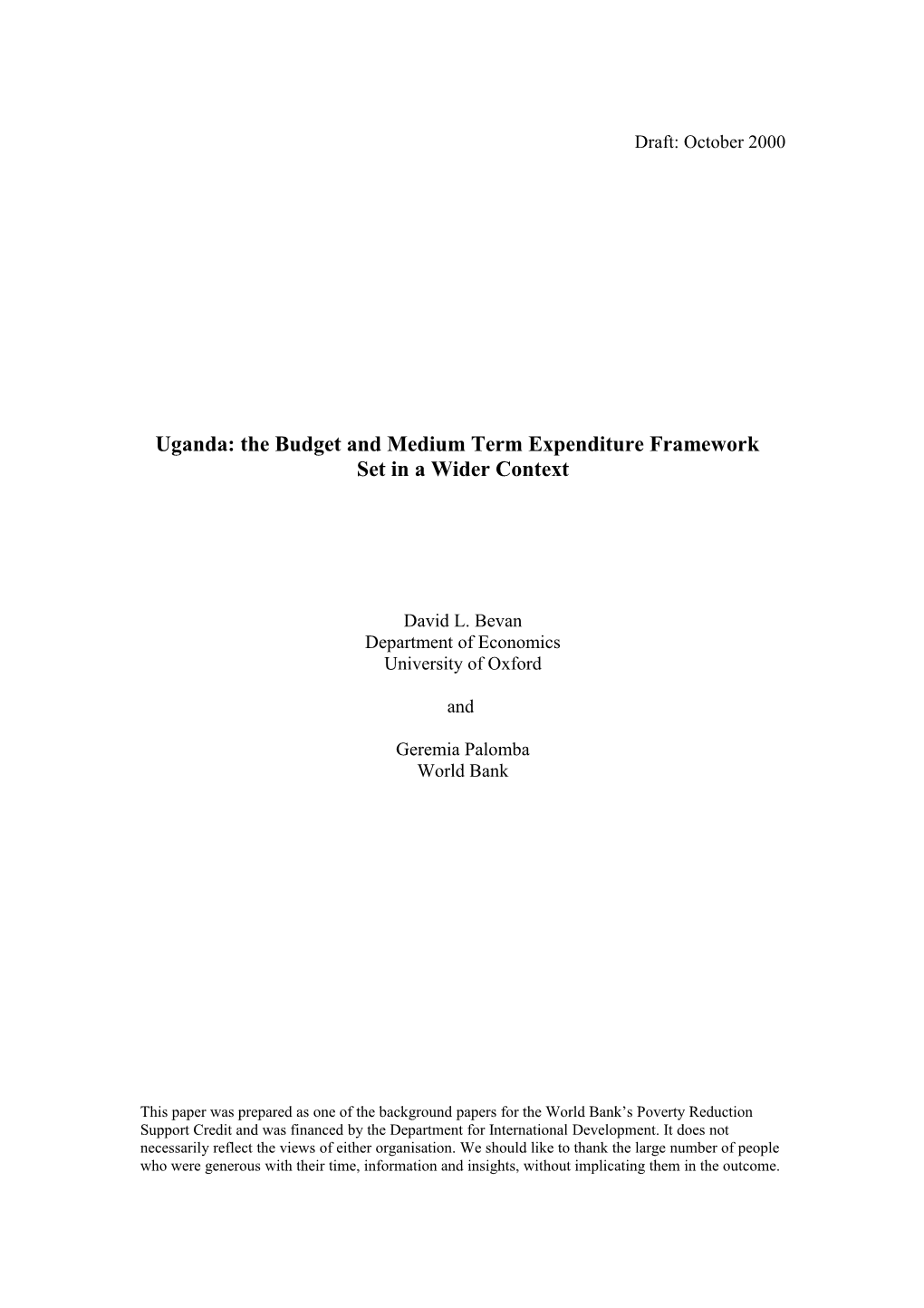 Uganda: the Budget and Medium Term Expenditure Framework