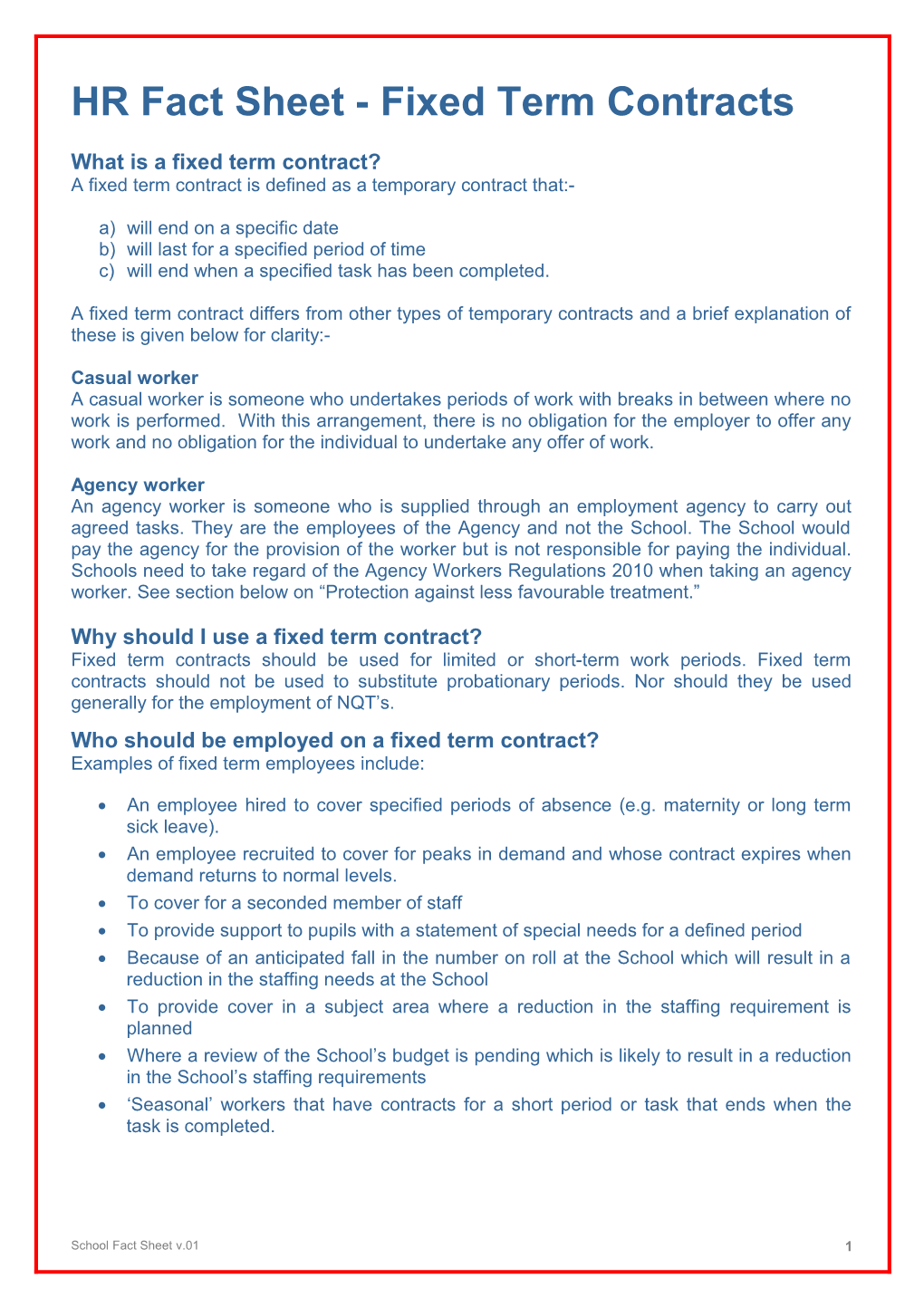 Fact Sheet 1: Fixed Term Contracts