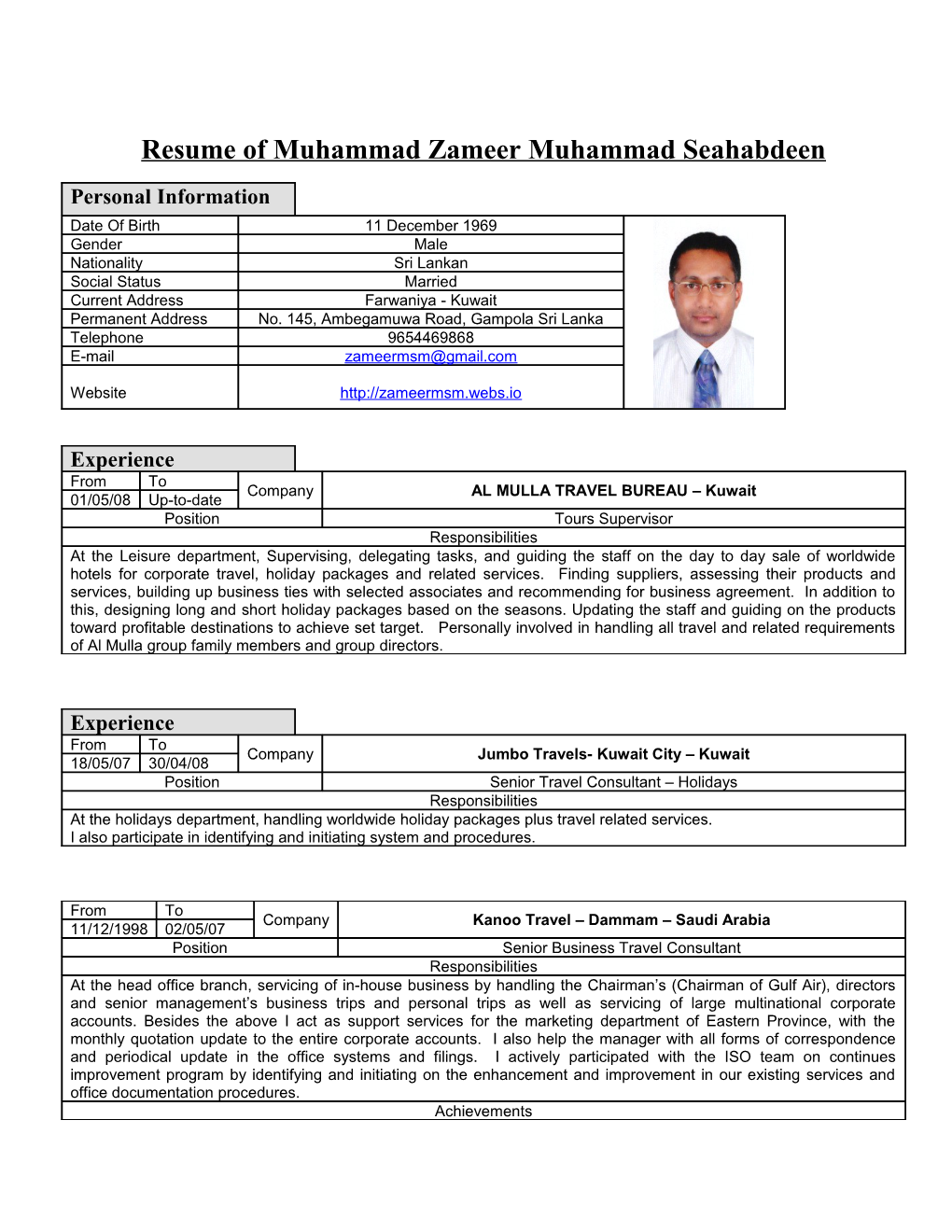 Resume of Muhammad Zameer Muhammad Seahabdeen