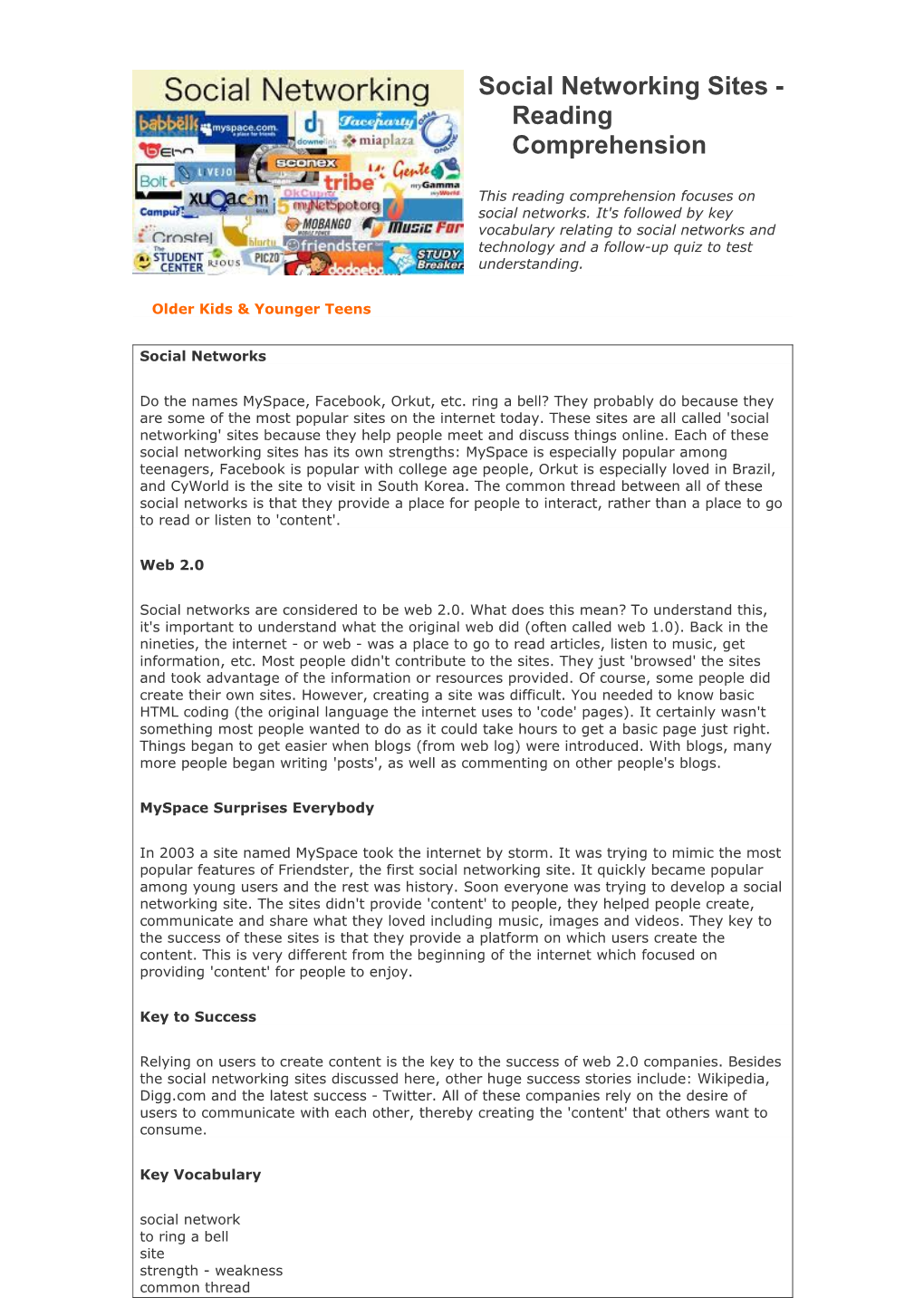 Social Networking Sites - Reading Comprehension