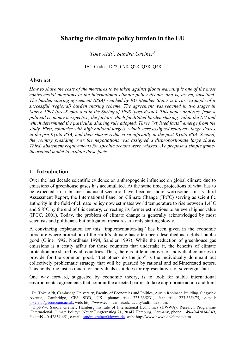 Sharing the Climate Policy Burden in the EU