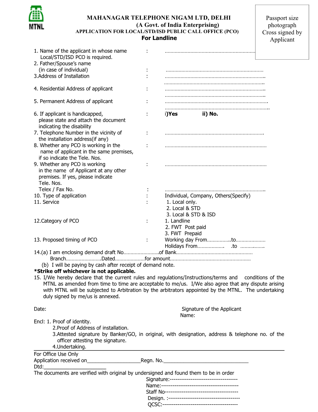 Application for Local/Std/Isd Public Call Office (Pco)