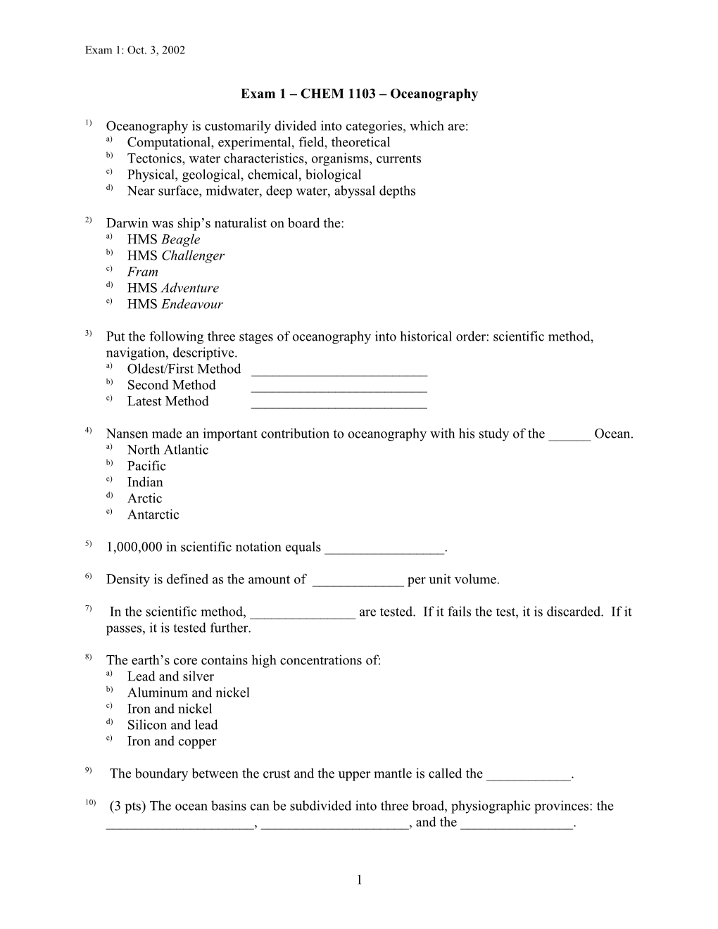 Exam 1 CHEM 1103 Oceanography