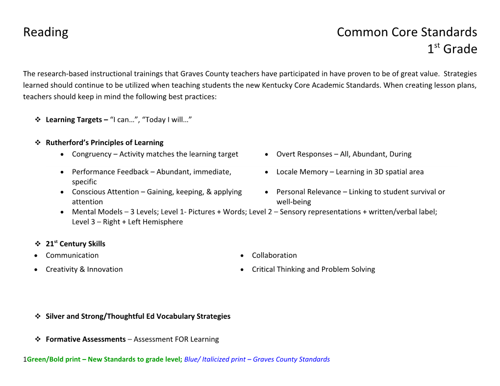 Readingcommon Core Standards 1Stgrade