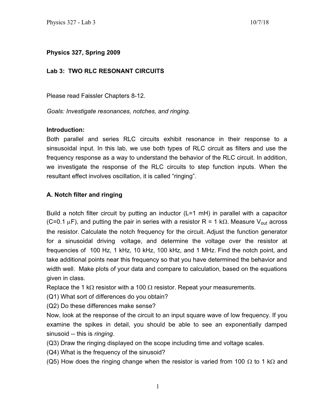 Lab 3: TWO RLC RESONANT CIRCUITS