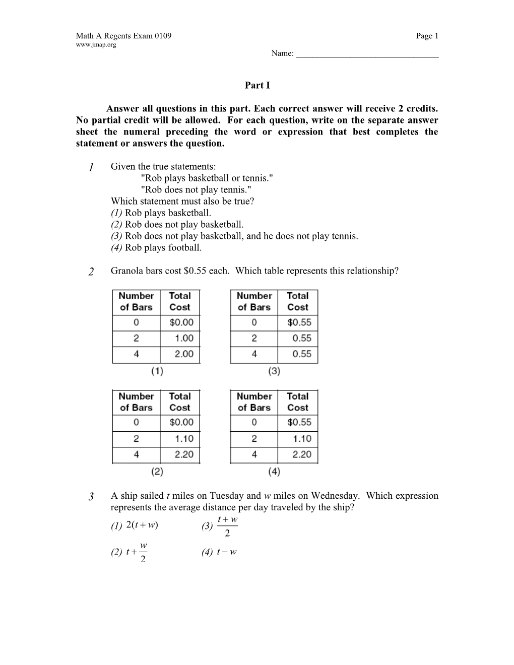 January 2009 Math a Regents Exam