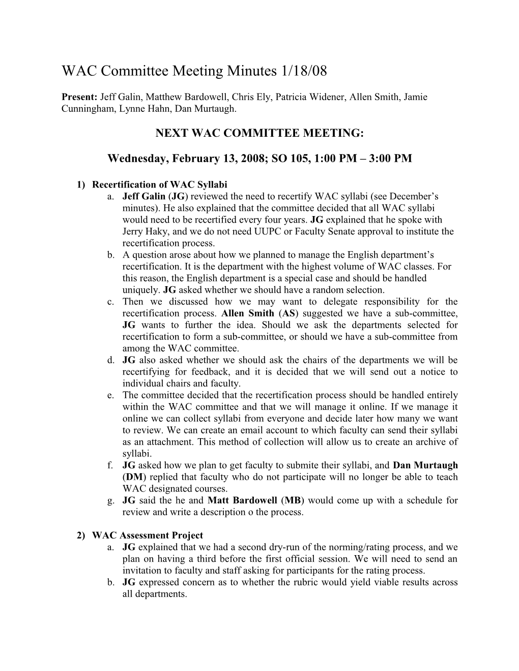 WAC Committee Meeting Minutes 1/18/08