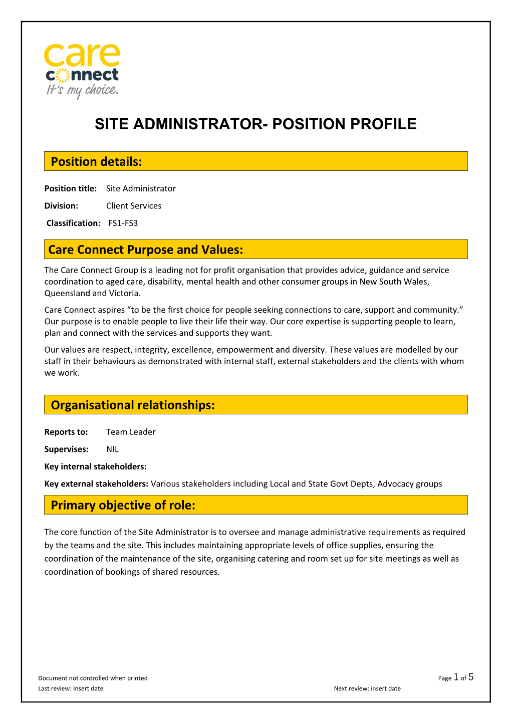 Site Administrator- Position Profile