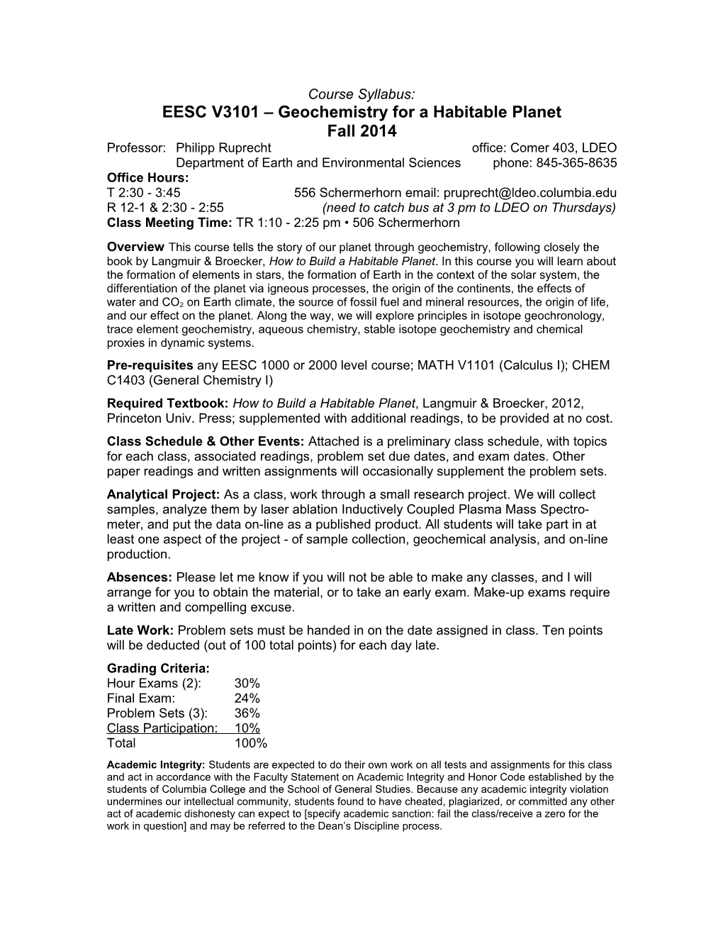 EESC V3101 Geochemistry for a Habitable Planet