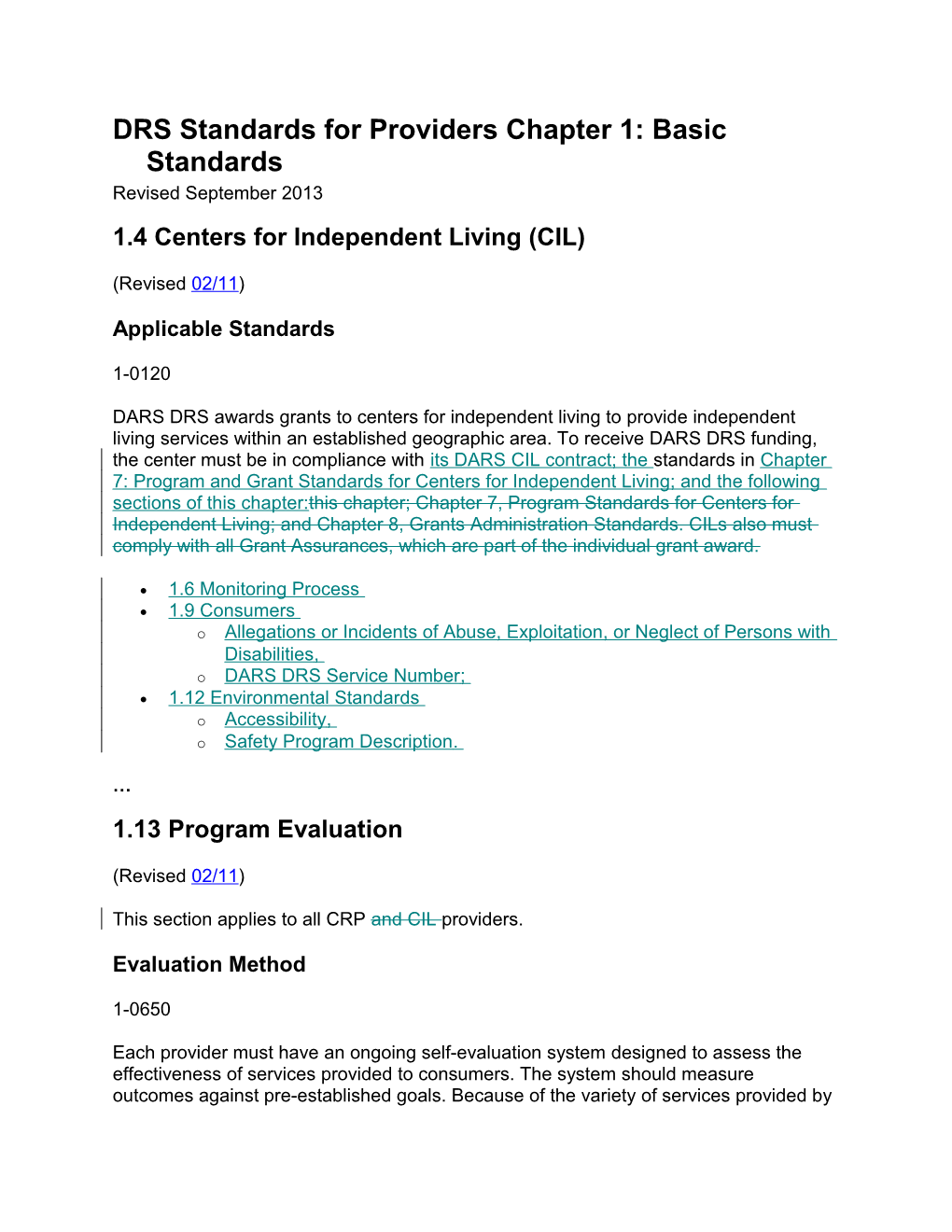 DRS Standards for Providers Revisions, September 2013