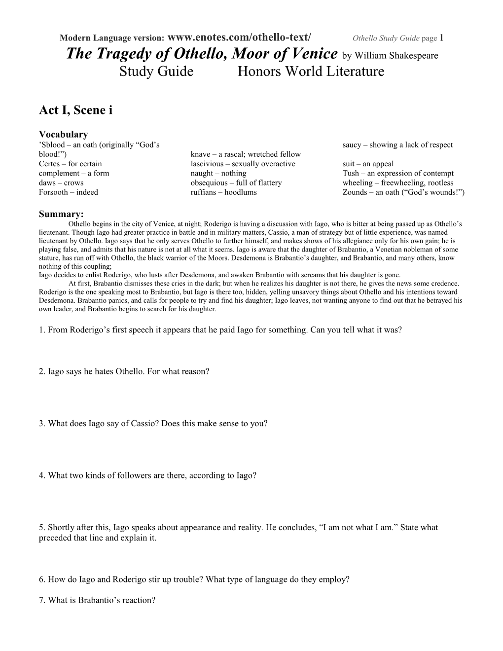 Modern Language Version: Othello Study Guide Page 1