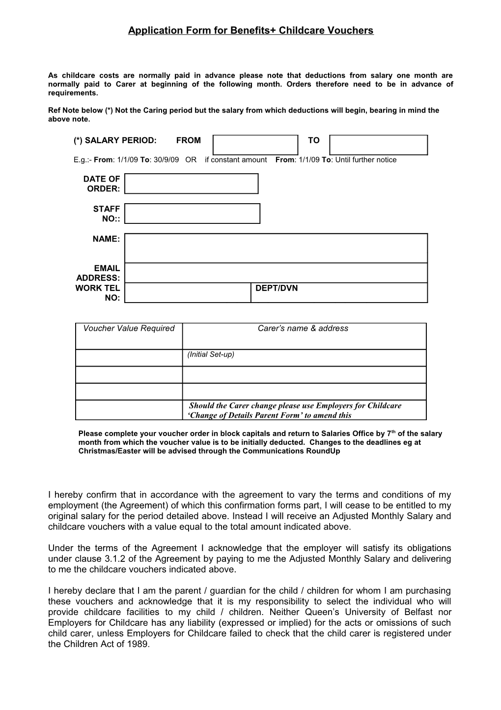 Application Form for Childcare Voucher Scheme