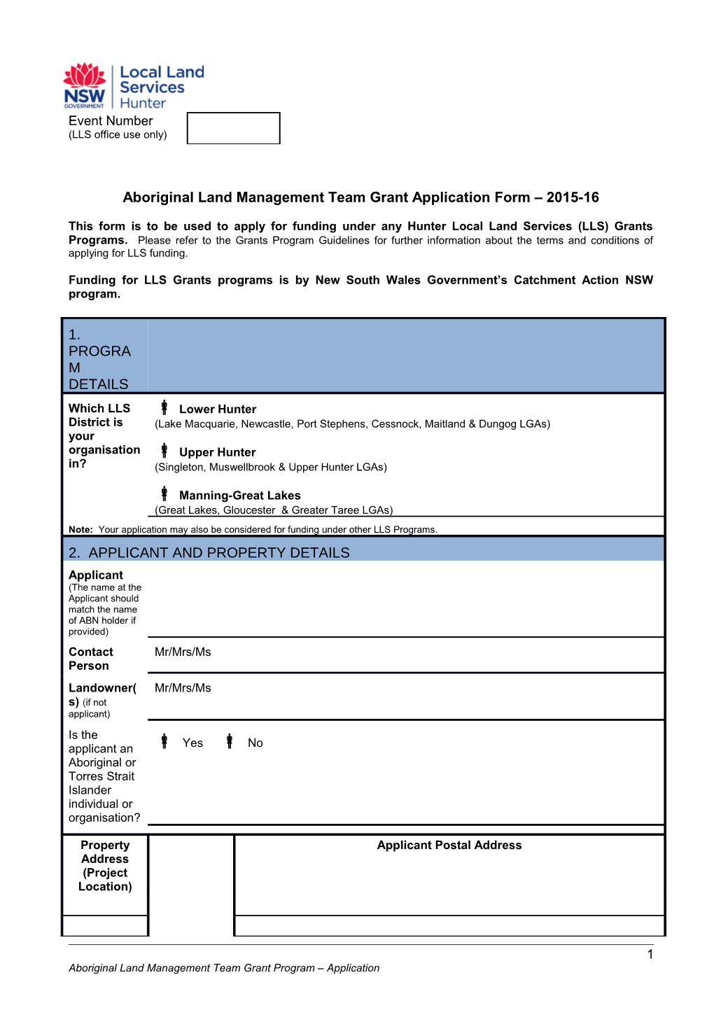 Aboriginal Land Management Team Grant Application Form 2015-16