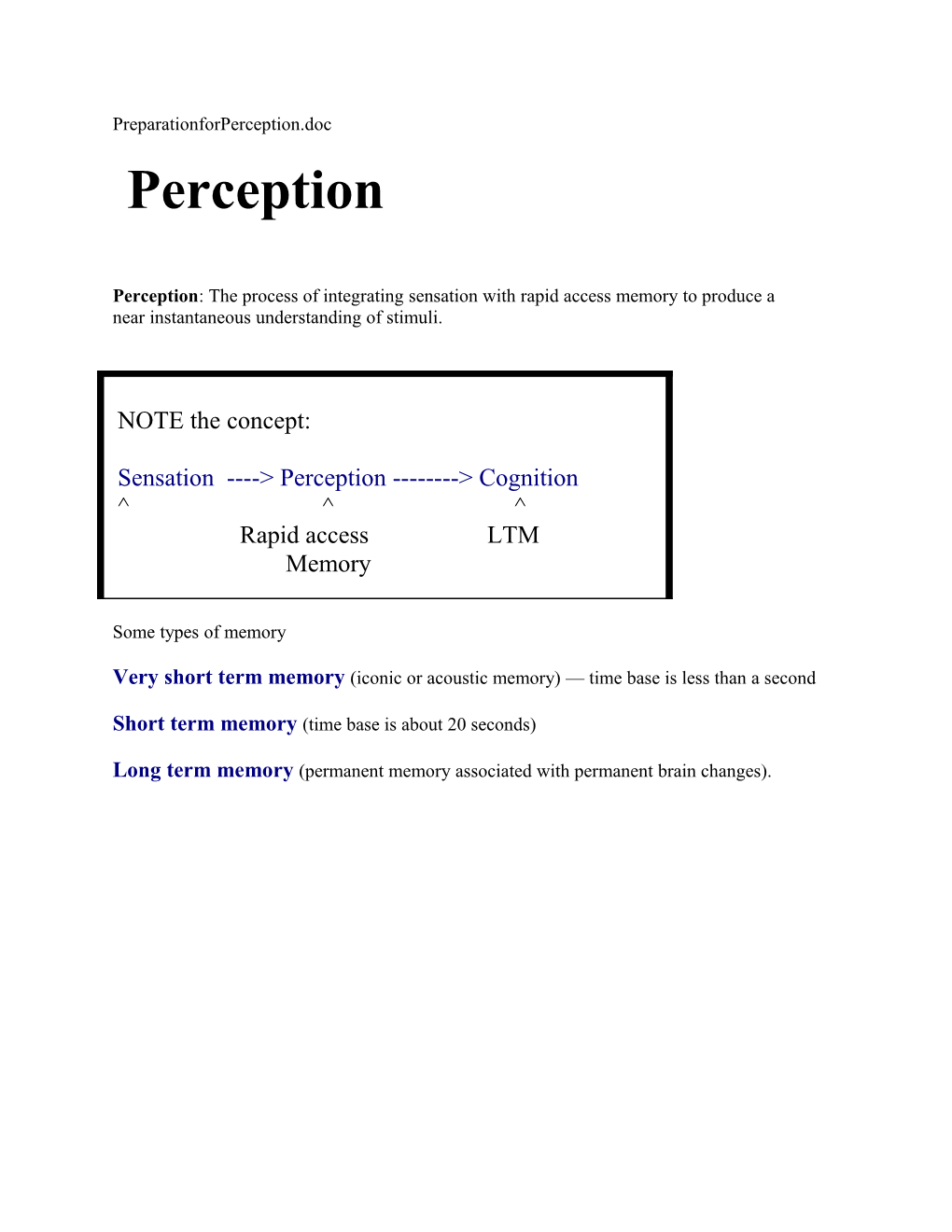 Perception: the Process of Integrating Sensation with Rapid Access Memory to Produce A