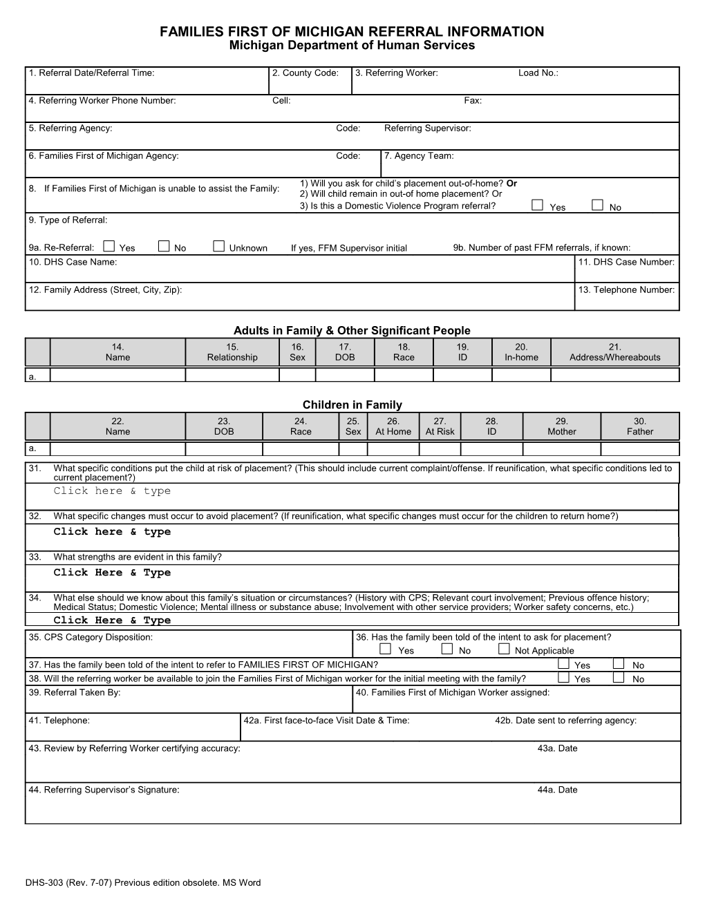 DHS-0303, Families First of Michigan Referral Information