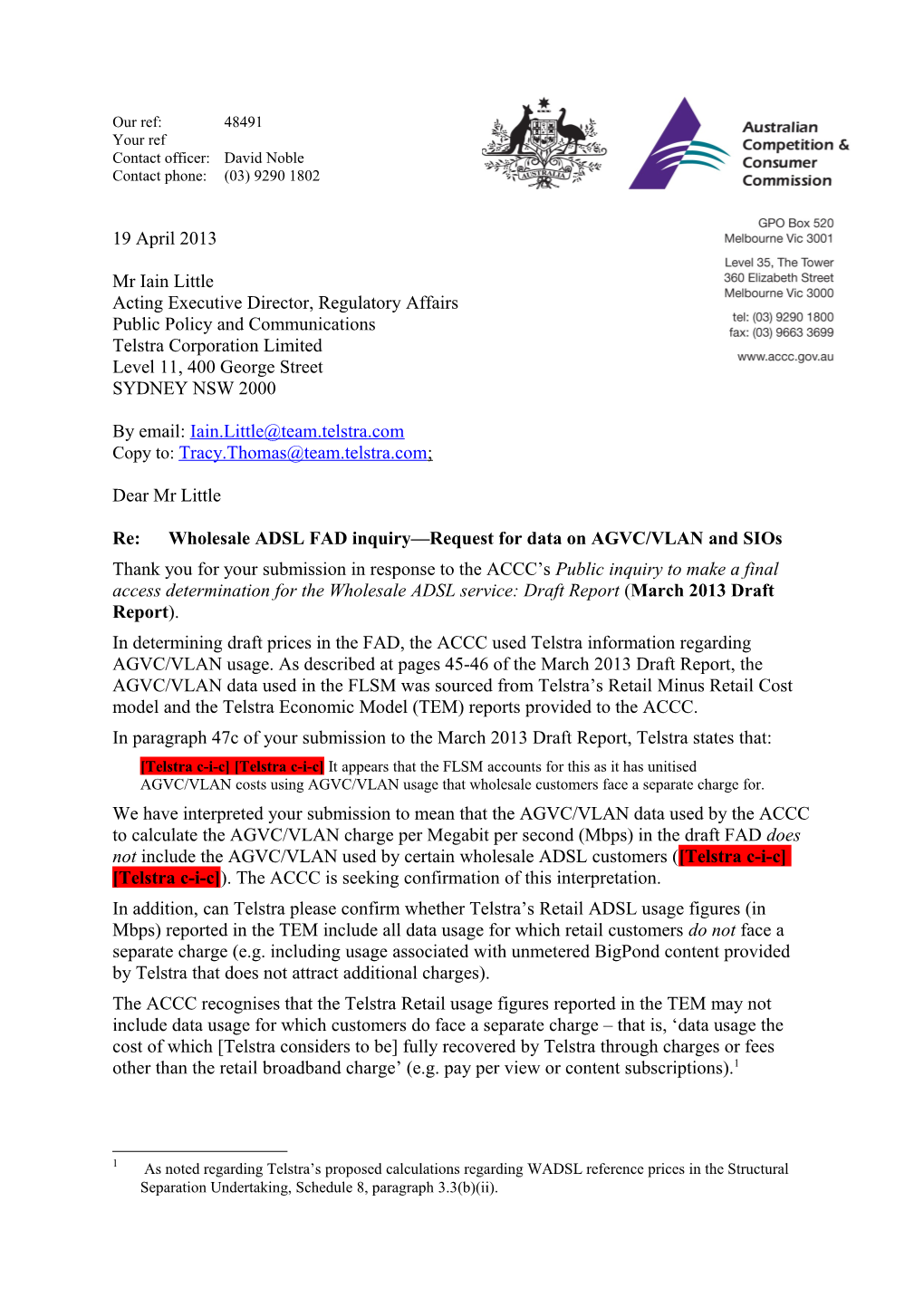 ACCC Letter to Telstra Seeking Information on AGVC/VLAN and Sios