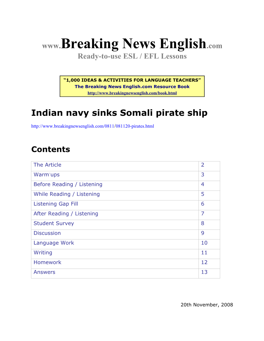 ESL Lesson: Indian Navy Sinks Somali Pirate Ship