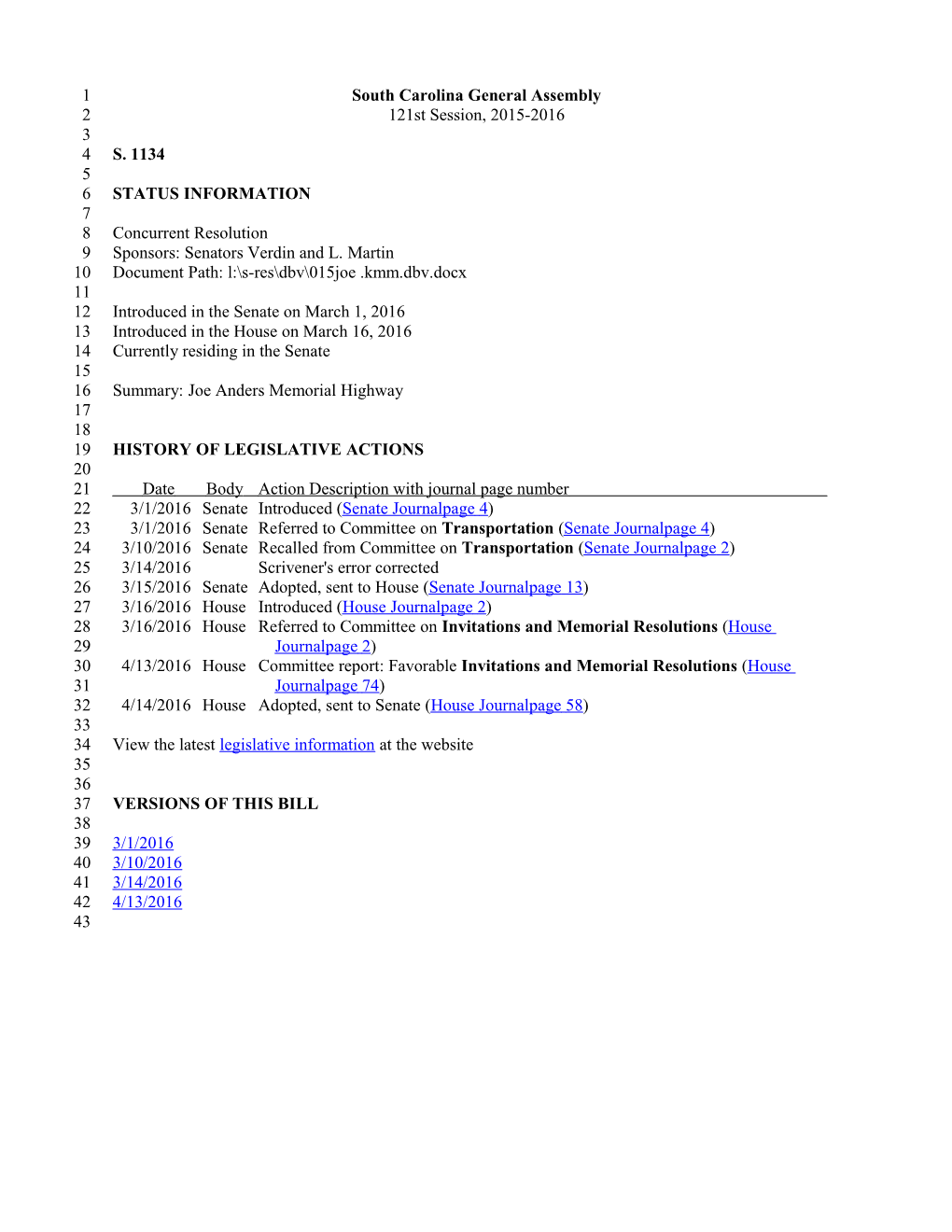 2015-2016 Bill 1134: Joe Anders Memorial Highway - South Carolina Legislature Online