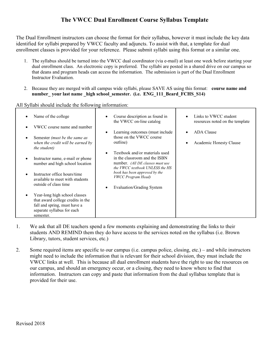 The VWCC Dual Enrollment Course Syllabus Template