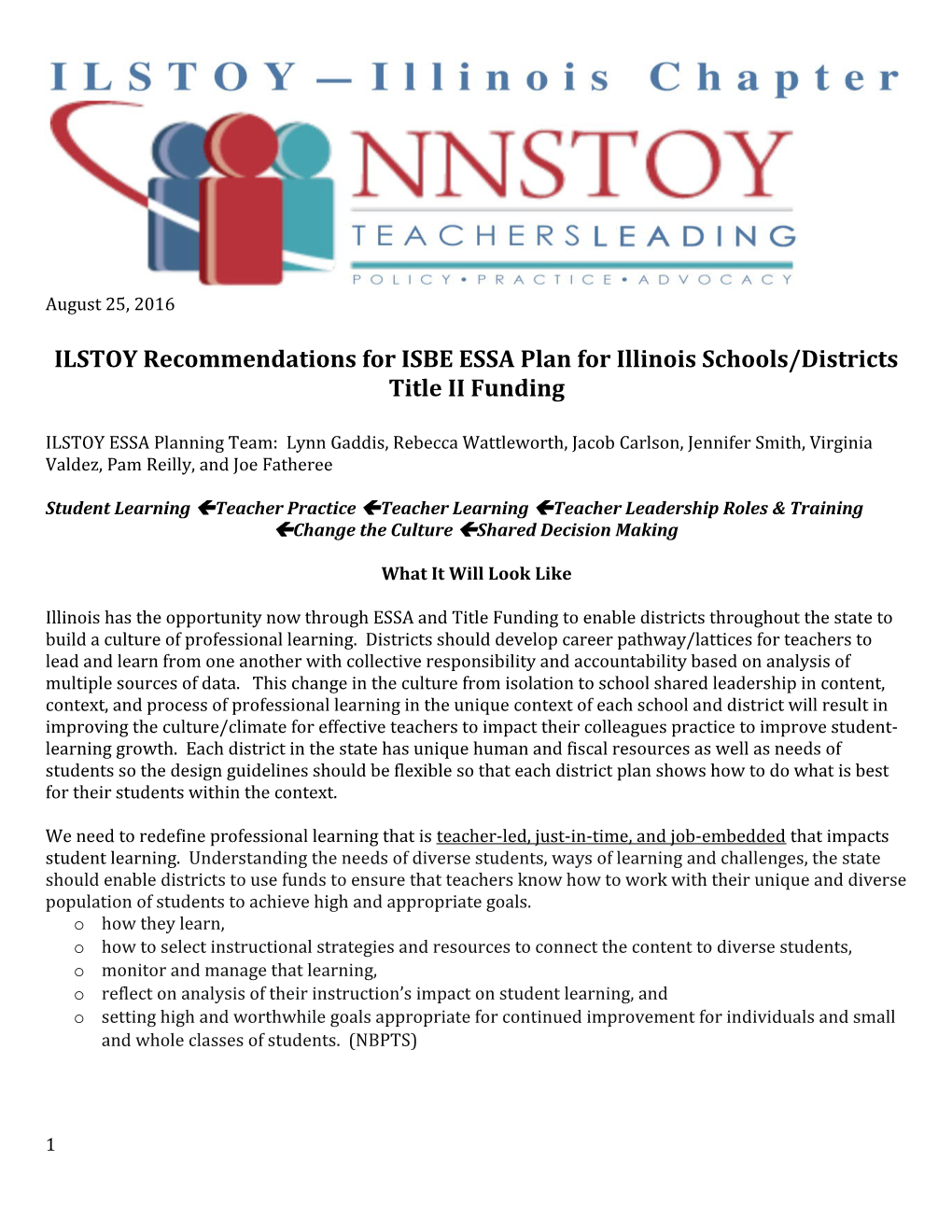 ILSTOY Recommendations for ISBE ESSA Plan for Illinois Schools/Districts