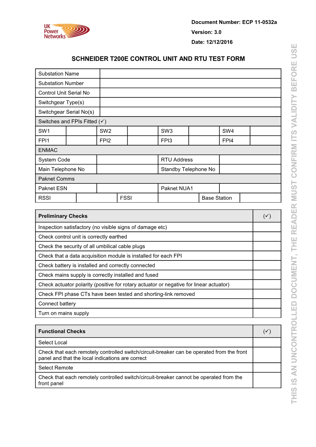ECP 11-0532A Schneider T200E Control Unit and RTU Test Form