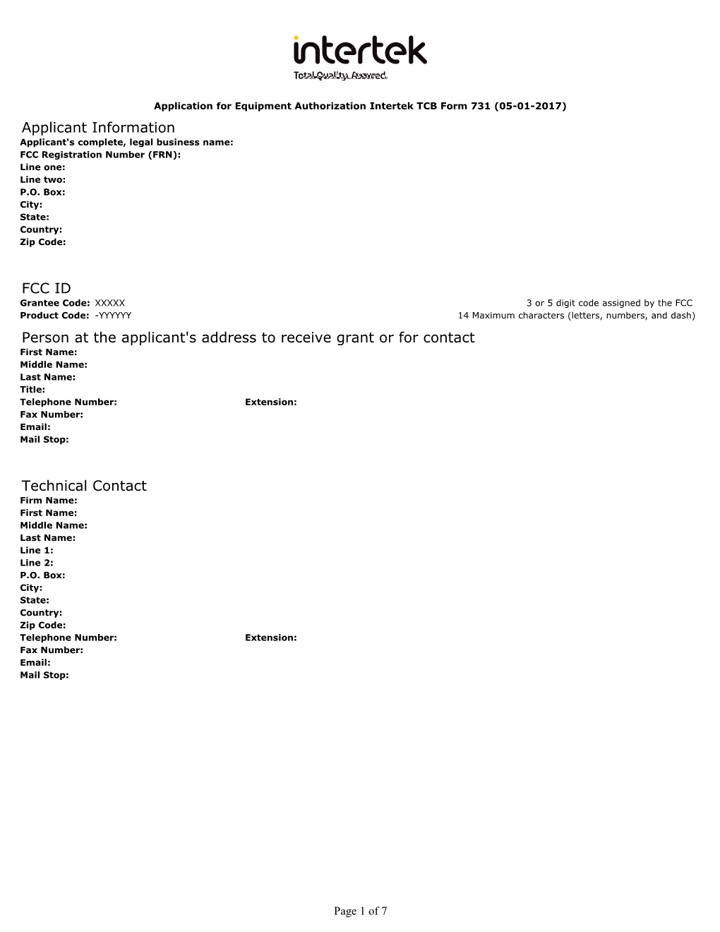 Application for Equipment Authorization FCC Form 731 TCB Version