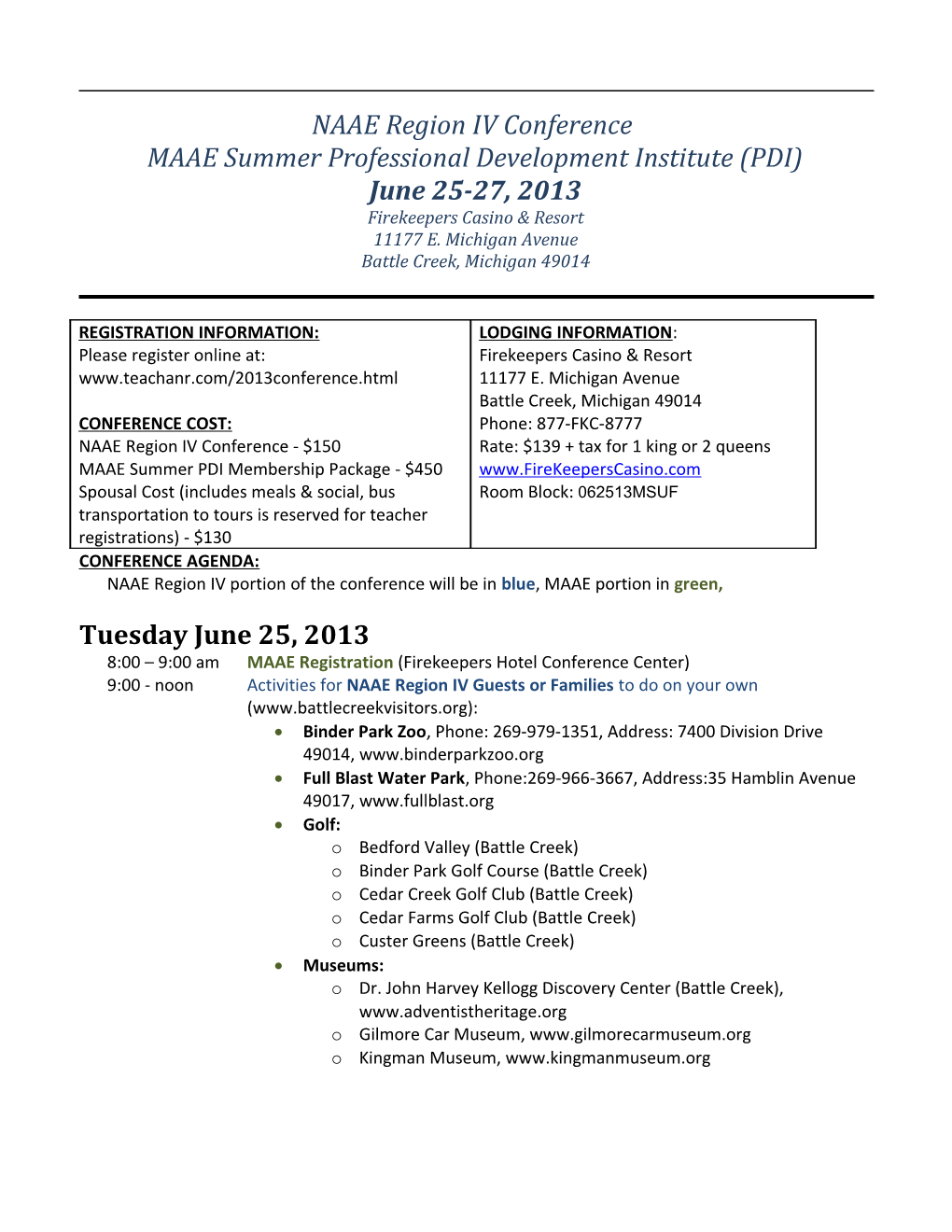 Planning Agenda for NAAE Region IV/Summer PDI