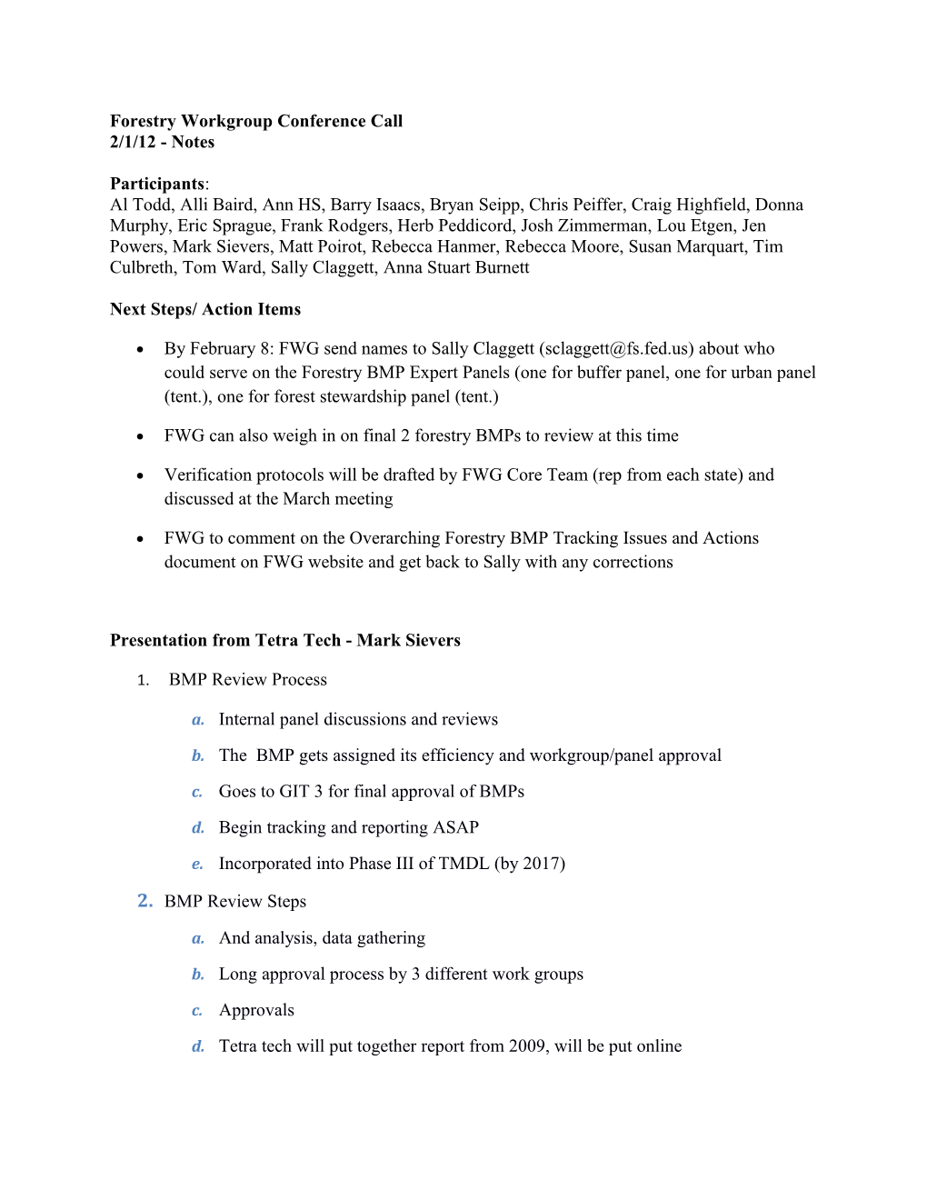 Forestry Workgroup Conference Call